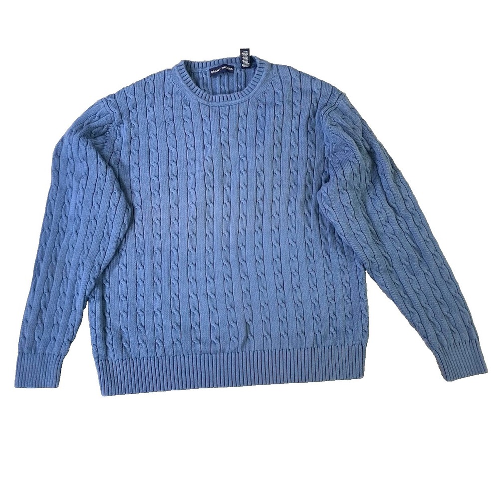 Grant Thomas Sweater Mens XL Blue‎ Cable Knit Pullover Long Sleeve 100% Cotton